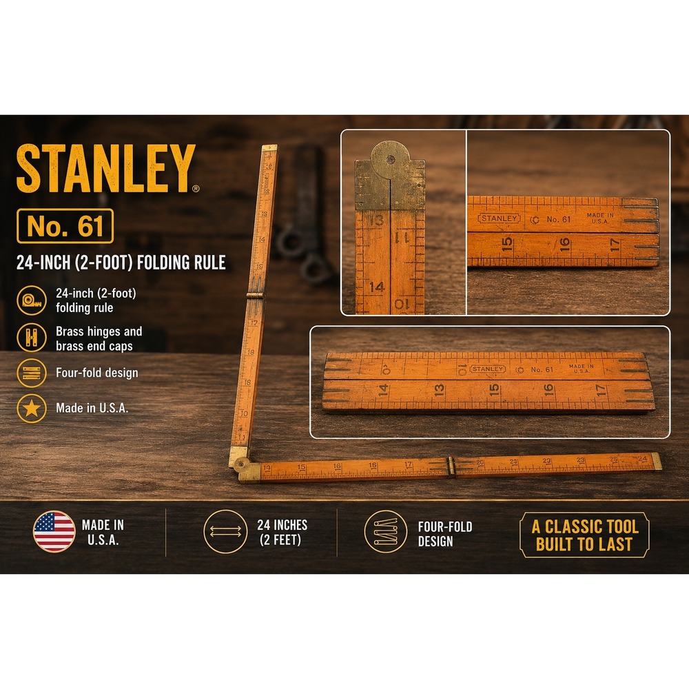 Vtg Stanley No 61 Folding Rule 2 Foot Boxwood Brass Carpenter Tool Made in USA